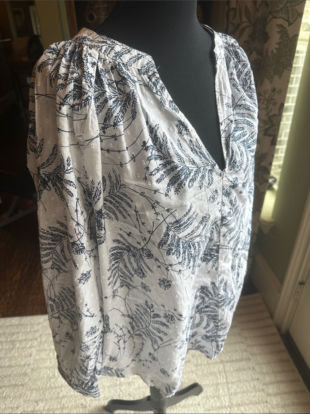Joe Fresh White Blouse with Navy Botanical Print